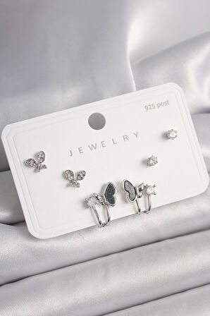 925 Ayar Gümüş Çivi Pirinç Gümüş Renk Zirkon Taşlı Kelebek Model Kadın Küpe Seti - BKP10404 (944944)