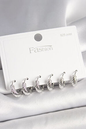 925 Ayar Gümüş Çivi Pirinç Gümüş Renk İşlemeli Halka Model Kadın Küpe Seti - BKP10410 (944944)