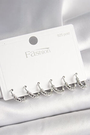 925 Ayar Gümüş Çivi Pirinç Gümüş Renk Kalp İşlemeli Halka Model Kadın Küpe Seti - BKP10412 (944944)