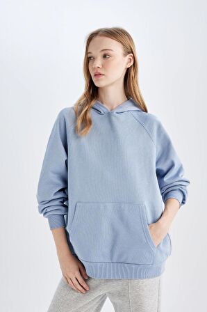 DeFacto Oversize Geniş Kalıp Kapüşonlu Kanguru Cepli Kalın Basic Düz Sweatshirt C7805AX24WNBE755