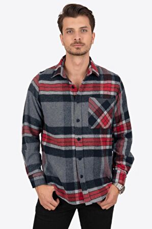 Dağ Grisi Kırmızı Çizgili Oversize Kalın Oduncu Gömlek