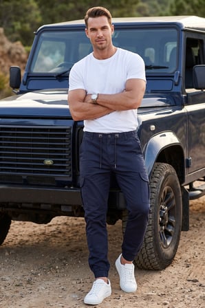 RizzUP Erkek Slim Fit Likralı Lacivert Kargo Jogger Pantolon – İpli Bel Lastikli Paça 1601569