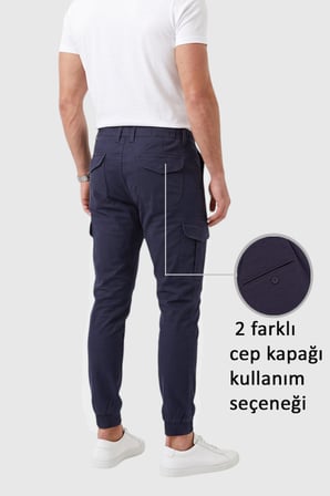 RizzUP Erkek Slim Fit Likralı Lacivert Kargo Jogger Pantolon – İpli Bel Lastikli Paça 1601569