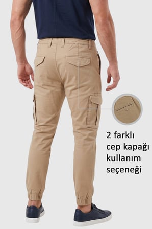 RizzUP Erkek Slim Fit Likralı Bej Kargo Jogger Pantolon – İpli Bel Lastikli Paça 1601569