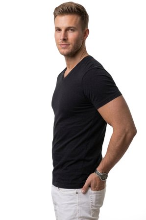 RizzUP Erkek Siyah Slim Fit %90 Pamuk V Yaka Likralı Yumuşak Dokulu Basic Tişört 1801165