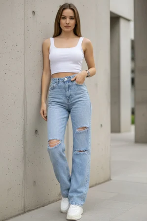 Bella Taş Salaş Dizi Yırtık Rahat Kesim Palazzo Jeans Kot Pantolon