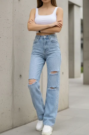 Bella Taş Salaş Dizi Yırtık Rahat Kesim Palazzo Jeans Kot Pantolon