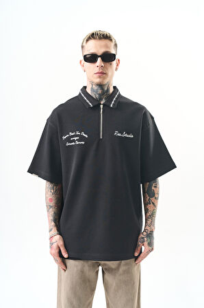 Erkek Yarım Fermuarlı Nakışlı Oversize T-Shirt Füme
