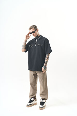 Erkek Yarım Fermuarlı Nakışlı Oversize T-Shirt Füme