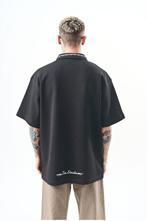 Erkek Yarım Fermuarlı Nakışlı Oversize T-Shirt Füme