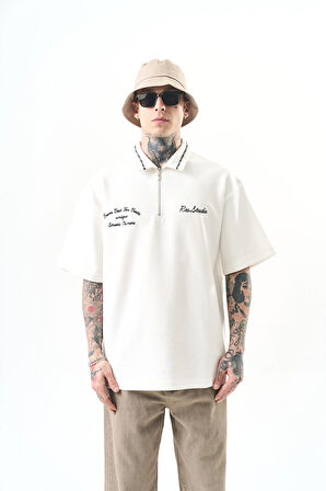 Erkek Yarım Fermuarlı Nakışlı Oversize T-Shirt Ekru