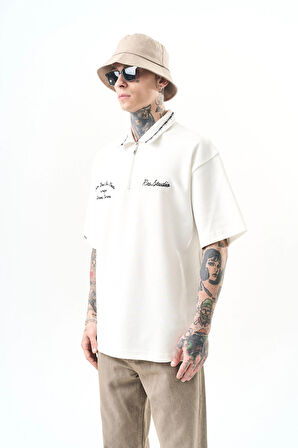 Erkek Yarım Fermuarlı Nakışlı Oversize T-Shirt Ekru