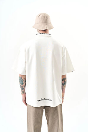 Erkek Yarım Fermuarlı Nakışlı Oversize T-Shirt Ekru