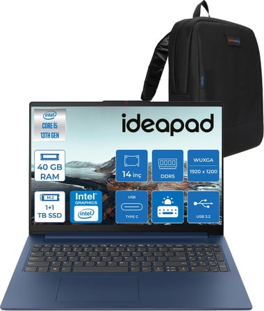 Lenovo Ideapad Slim 3 14IRH10 Intel Core I5 13420H 40GB 1tb SSD + 1tb SSD Freedos 14" Wuxga (1920X1200) IPS 300NITS Taşınabilir Bilgisayar 83K00027TRF16 + Zetta Çanta