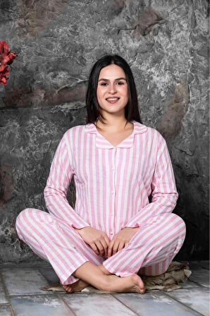 Pembe Çizgili Önü Düğmeli Süet Pijama Takım