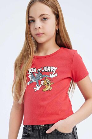 DeFacto Kız Çocuk Tom & Jerry Cropped Fit Bisiklet Yaka Kısa Kollu Tişört E0479A825SPRD206