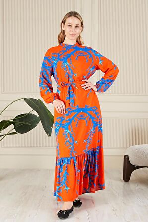 Kadin Hakim Yaka Buyuk Beden Elbise Tesettur Viskon Kumas Pileli Ve Piliseli Elbise 