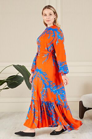 Kadin Hakim Yaka Buyuk Beden Elbise Tesettur Viskon Kumas Pileli Ve Piliseli Elbise 