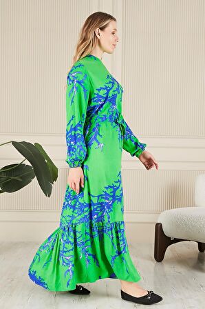 Kadin Hakim Yaka Buyuk Beden Elbise Tesettur Viskon Kumas Pileli Ve Piliseli Elbise 