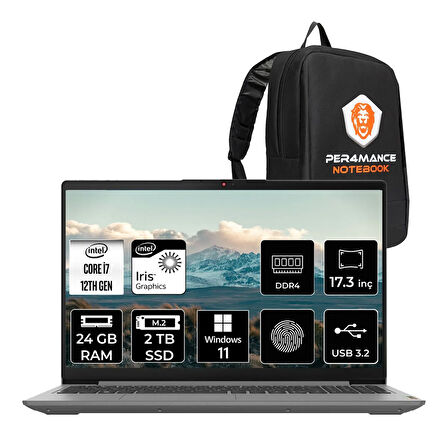 Lenovo IdeaPad 3 17IAU7 i7-1255U 24GB 2TB SSD 17.3" FHD W11H Taşınabilir Bilgisayar & PER4 Çanta