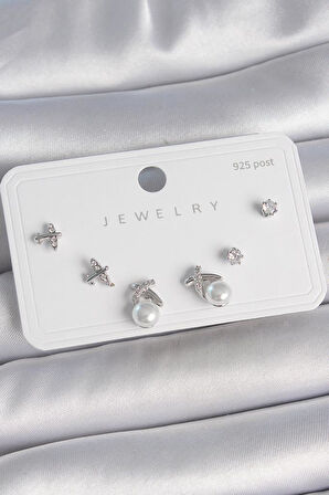 Pirinç Gümüş Renk Zirkon Taşlı Kelebek Model İnci Detay 925 Ayar Gümüş Çivi Kadın Küpe Seti-BKP10479 (944944)