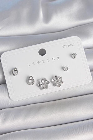 Pirinç Gümüş Renk Zirkon Taşlı Kar Tanesi Model 925 Ayar Gümüş Çivi Kadın Küpe Seti - BKP10483 (944944)