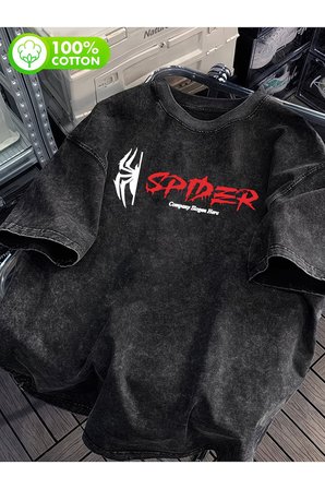Retro Spider Baskılı Unisex Yıkamalı Vintage Oversize T-Shirt