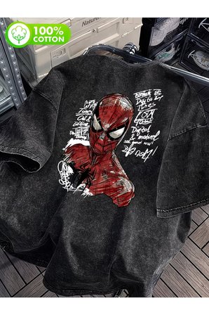 Retro Spider Baskılı Unisex Yıkamalı Vintage Oversize T-Shirt