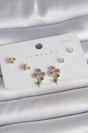 Pirinç Gold Renk Renkli Zirkon Taşlı Çiçek Model Yaprak Detay 925 Ayar Gümüş Çivi Kadın Küpe Seti - BKP10486 (944944)