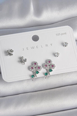 Pirinç Gümüş Renk Renkli Zirkon Taşlı Çiçek Model Yaprak Detay 925 Ayar Gümüş Çivi Kadın Küpe Seti - BKP10487 (944944)