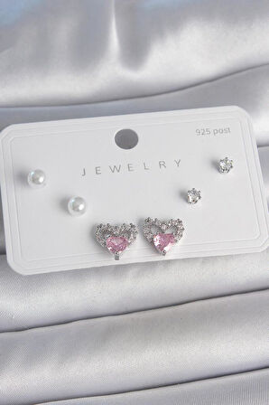 Pirinç Gümüş Renk Pembe Zirkon Taşlı Kalp Model İnci Detay 925 Ayar Gümüş Çivi Kadın Küpe Seti - BKP10489 (944944)