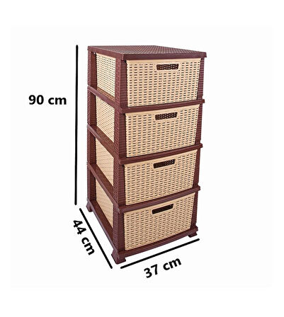 Omnipazar SRL-4002 Rattan Hasır Desen Plastik Komidin Mutfak Sebzelik 4 Katlı Kahverengi