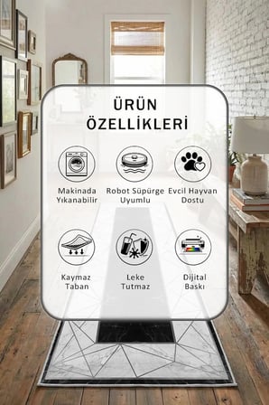Yıkanabilir Kaymaz Alvina Siyah Dijital Baskılı Yolluk Halı Tüy Tutmaz Siyah