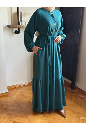 Reglan Kol Yarım Pat Eteği büzgülü Örme Elbise 2416 NAVRA |