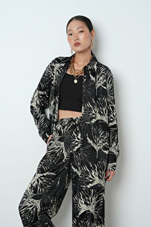 Kadın Siyah Renk Dal Desenli Oversize Kesim Gömlek