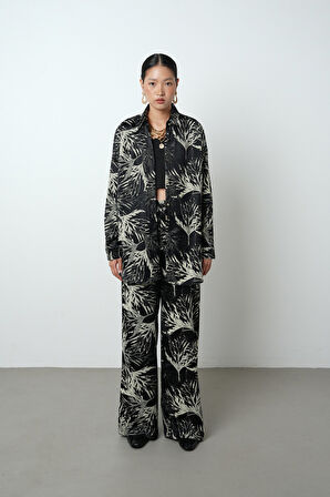 Kadın Siyah Renk Dal Desenli Oversize Kesim Gömlek