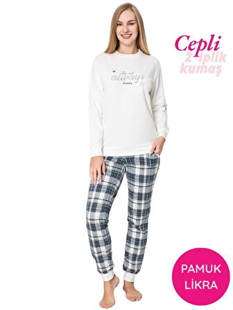 Kadın Bisiklet Yaka Bilek Manşet/Lastikli 2 İplik Pamuk Cepli Kışlık Jogger Eşofman Pijama Takımı