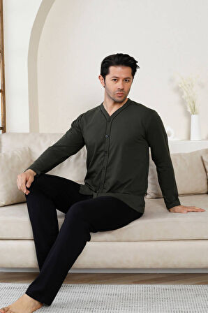 Erkek V Yaka Önden Düğmeli Pamuk Likra Mevsimlik Uzun Kol Cepli Pijama Takımı