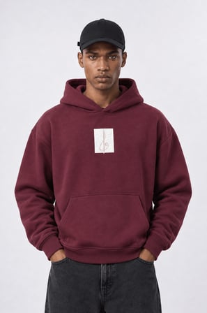 Erkek Horse Patch Detaylı Oversize Hoodie Bordo