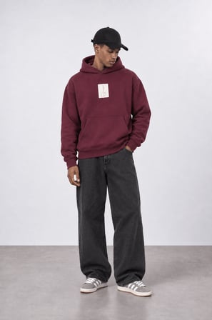 Erkek Horse Patch Detaylı Oversize Hoodie Bordo