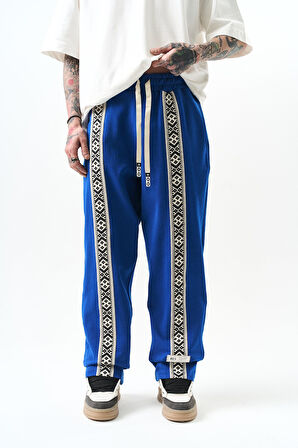 Erkek Etnik Şerit Detaylı İnterlok Baggy Eşofman Altı Saks