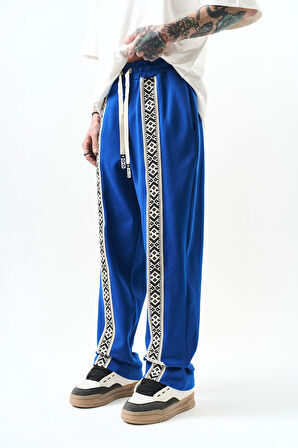 Erkek Etnik Şerit Detaylı İnterlok Baggy Eşofman Altı Saks