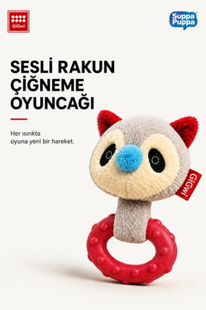 Suppa Puppa Serisi Sesli Rakun Peluş Köpek Oyuncağı - TPR Diş Kaşıyıcı Halka - Küçük Irk ve Yavru Köpekler İçin Çiğneme Oyuncağı