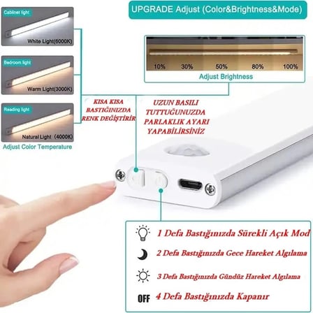 40 CM Hareket Sensörlü 3 Renk USB Şarj Edilebilir Aydınlatma Tezgah Altı Mutfak Merdiven Gardırop