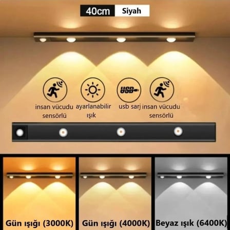 40 CM Hareket Sensörlü 3 Renk USB Şarj Edilebilir Aydınlatma Tezgah Altı Mutfak Merdiven Gardırop