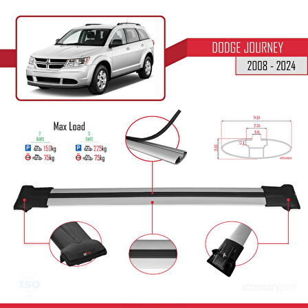 Dodge Journey 2008 ve Sonrası ile Uyumlu FLY Model Ara Atkı Tavan Barı Gri 2 Adet