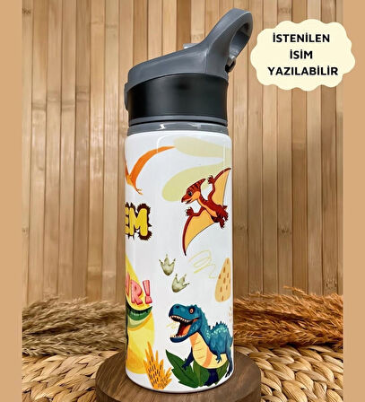 Kişiye Özel İsimli Erkek Çocuk Dinozor Pipetli Suluk Matara 650 ml