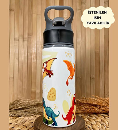 Kişiye Özel İsimli Erkek Çocuk Dinozor Pipetli Suluk Matara 650 ml