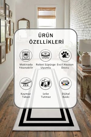 Çerçeve Krem Siyah Modern Dijital Baskı Yıkanabilir Kaymaz Yolluk Halı Krem