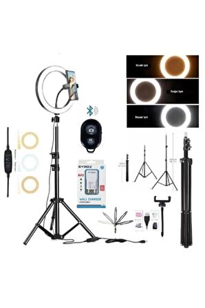 Mega Paket Ring Light Led Işıklı Tripod Bluetooth Kumandalı Adaptörlü 14 inç Halka Makyaj Işığı